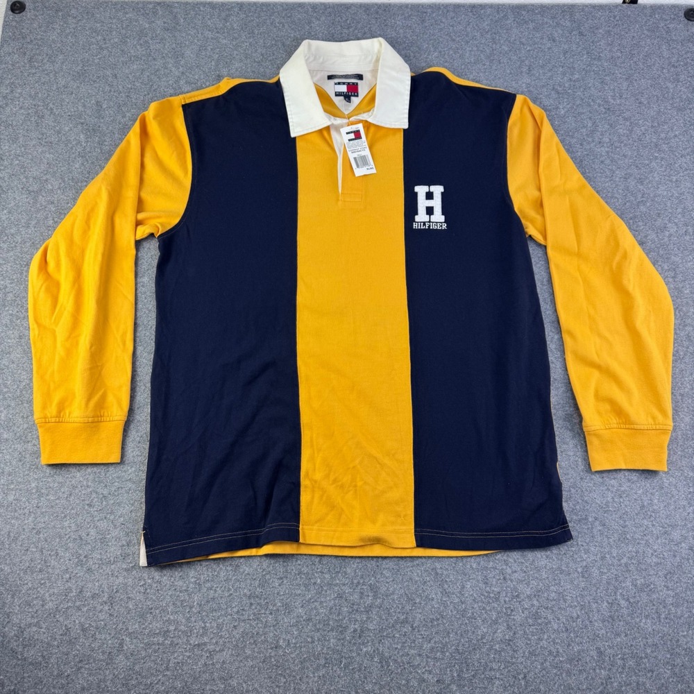 Tommy Hilfiger Mens XL Rugby Shirt Navy Yellow Stripe Vintage 90s NEW